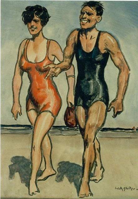 Sluiter J.W.  | Walking along the beach, Gemischte Technik auf Papier 48,0 x 37,0 cm, signed l.r.