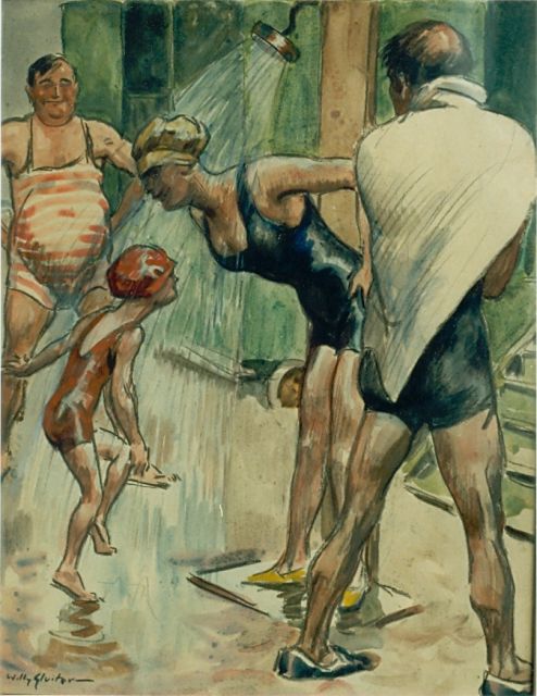 Sluiter J.W.  | A cold shower, Gemischte Technik auf Papier 48,0 x 37,0 cm, signed l.l.