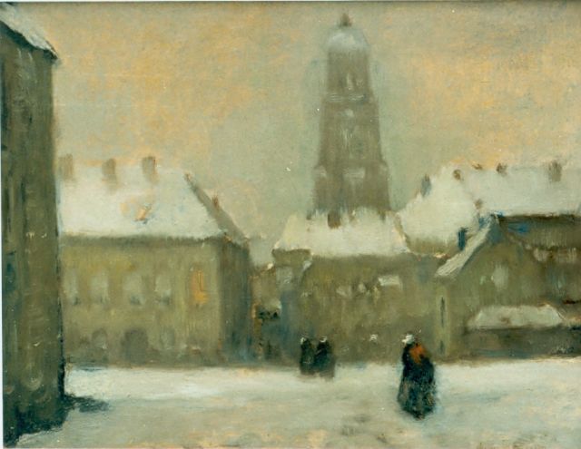 Louis van Soest | City view in winter, Öl auf Holzfaser, 29,0 x 36,0 cm, signed l.r.
