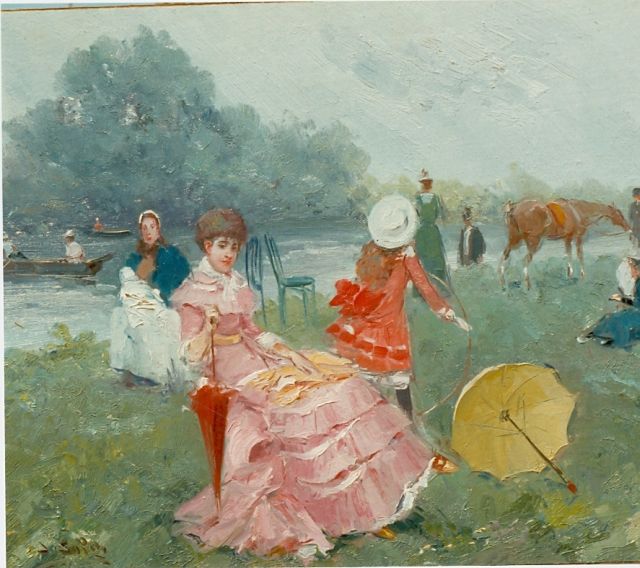 Soler J.  | Elegant figures on the riverbank, Öl auf Holz 37,9 x 46,0 cm, signed l.l.
