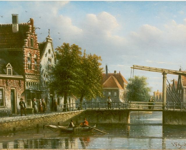 Johannes Franciscus Spohler | City view with draw-bridge, Öl auf Holz, 15,5 x 20,8 cm, signed l.r.