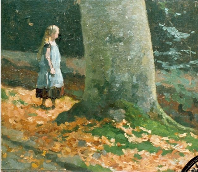 Tholen W.B.  | Young girl in a wooded landscape, Öl auf Leinwand auf Holz 21,3 x 26,2 cm, signed u.r.