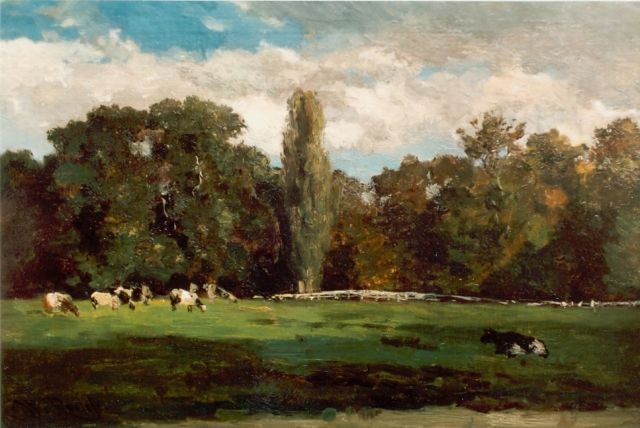 Willem Roelofs | Cows in a meadow, Voorn Utrecht, Öl auf Leinwand auf Holz, 25,7 x 40,5 cm, signed l.l.