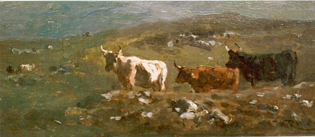 Willem Roelofs | Mountainous landscape with cows, Öl auf Leinwand auf Holz, 12,0 x 26,3 cm, signed l.r.