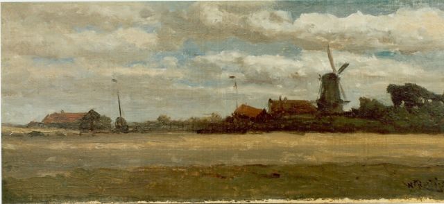 Willem Roelofs | Village along a waterway, Öl auf Leinwand auf Tafel, 16,8 x 38,5 cm, signed l.r.