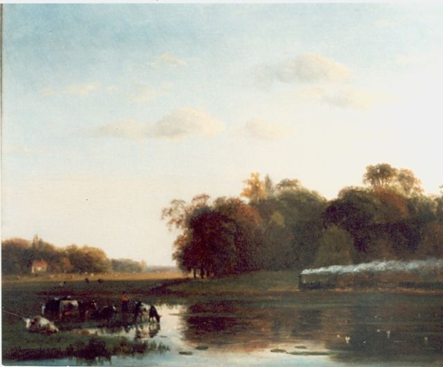 Nicolaas Roosenboom | Landscape with steam train, Öl auf Holz, 35,5 x 29,5 cm, signed l.l.