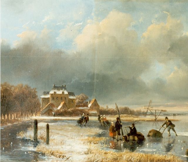 Nicolaas Roosenboom | Skaters on a frozen waterway, Öl auf Holz, 18,7 x 23,0 cm, signed m.c. with monogram