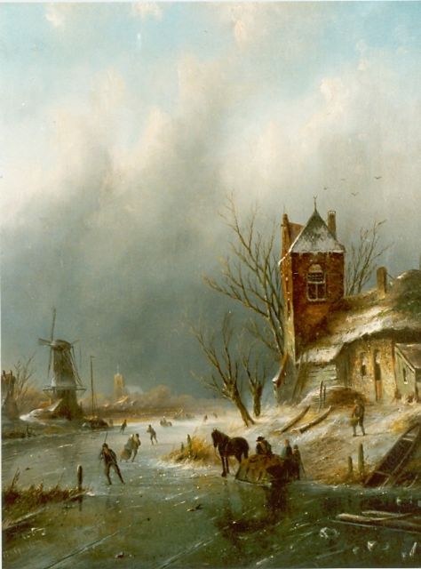 Jacob Jan Coenraad Spohler | A winter landscape with skaters on the ice, Öl auf Leinwand, 43,8 x 34,7 cm, signed l.l.