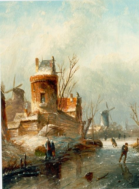 Jacob Jan Coenraad Spohler | Frozen canal with skaters, Öl auf Holz, 20,0 x 16,0 cm, signed l.l.