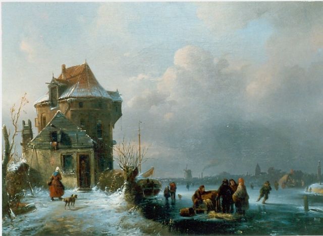 Jacoba van der Stok | A frozen waterway with figures skating, Öl auf Holz, 40,0 x 56,4 cm