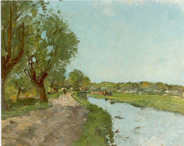 Louis Stutterheim | Country road along a canal, Öl auf Leinwand, 30,0 x 39,4 cm, signed l.l.