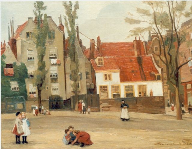 Vries S.C.H. de | Children playing on a square, Öl auf Leinwand 32,5 x 43,0 cm, signed l.l.