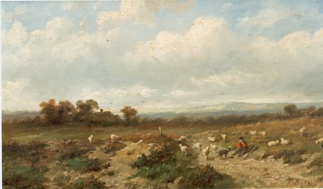 Wijngaerdt A.J. van | A shepherd and flock, Öl auf Holz 23,5 x 36,0 cm, signed l.r.