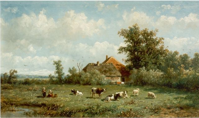 Anthonie Jacobus van Wijngaerdt | Cattle in a landscape, Öl auf Holz, 19,8 x 34,0 cm, signed l.r.