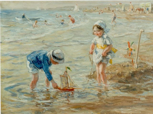 Jan Zoetelief Tromp | Children playing on the beach, Öl auf Leinwand, 30,0 x 40,0 cm, signed l.r.