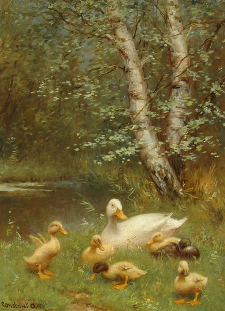 Constant Artz | Ducklings on a river bank, Öl auf Holz, 24,0 x 18,0 cm, signed l.l.
