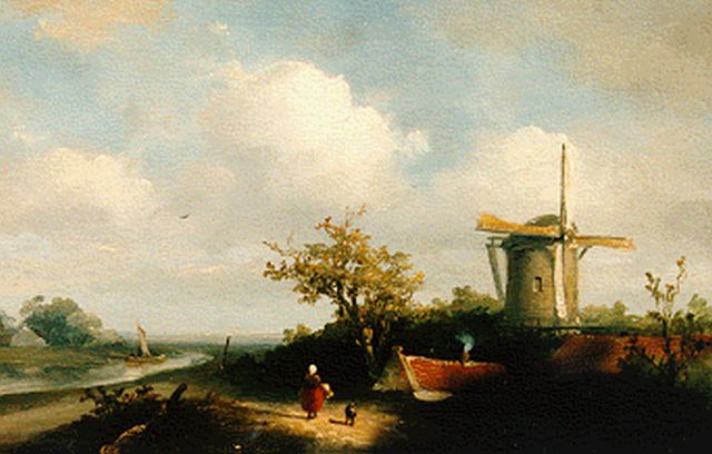 Madlener A.J.  | Rivierlandschap met molen en figuren op zandpad, Öl auf Holz 20,6 x 26,7 cm, gesigneerd r. v/ m. und gedateerd '59