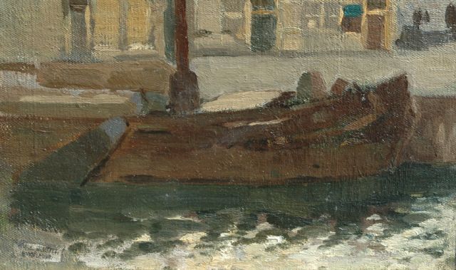 Willem Johannes Schütz | A moored barge, Öl auf Leinwand auf Holz, 16,5 x 26,5 cm, signed with studio stamp