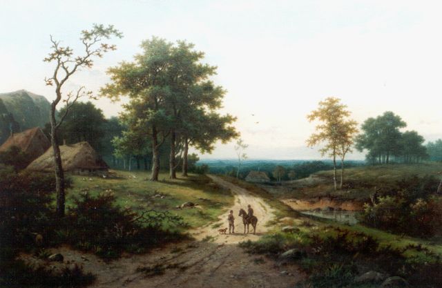 Hendrik Pieter Koekkoek | Hügellandschaft mit Pferd und Reiter auf Landstraße, Öl auf Leinwand, 60,8 x 91,6 cm, Unterzeichnet l.u.