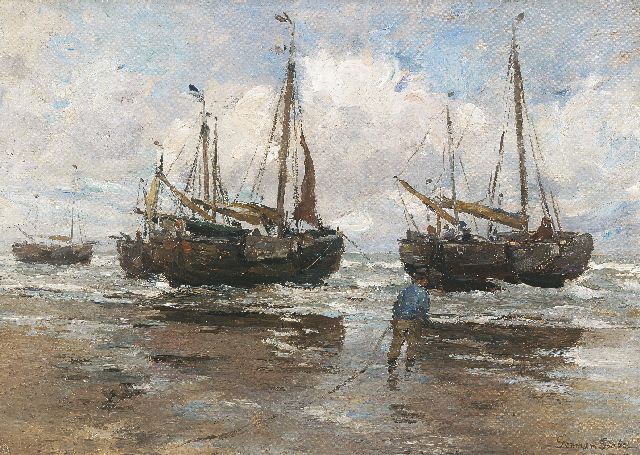 German Grobe | Fishing boats on the beach, Öl auf Leinwand  auf Holzfaser, 43,9 x 62,8 cm, signed l.r.