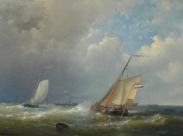 Abraham Hulk | Dutch ships sailing in choppy seas, Öl auf Holz, 18,0 x 24,6 cm, signed l.l.