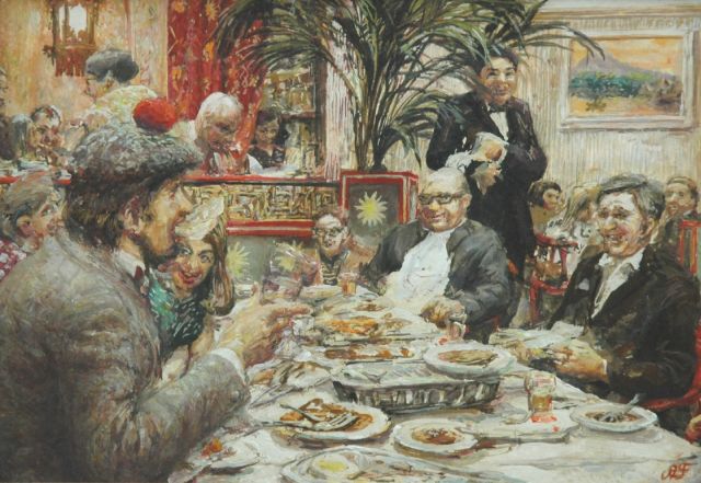 Andrew van Nouhuys | Festive dinner at the Indonesian restaurant, Gouache auf  Papier und Holzfaser, 24,8 x 34,7 cm, signed l.r. with monogram