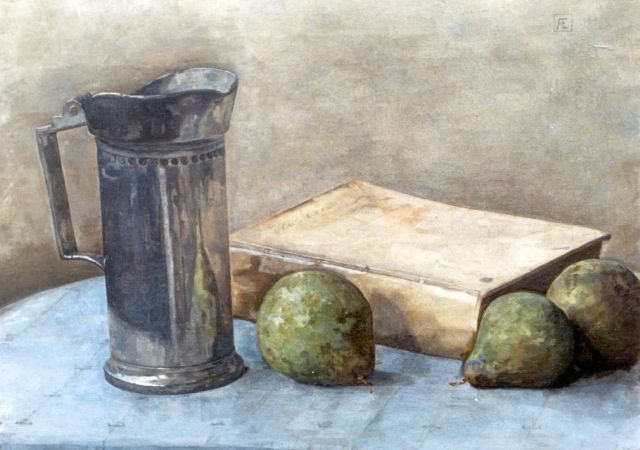 Antje Egter van Wissekerke | A still life with a tin jug, a boek and three pears, Öl auf Leinwand, 28,6 x 39,0 cm, signed u.r. with mon. und dated nov. '08