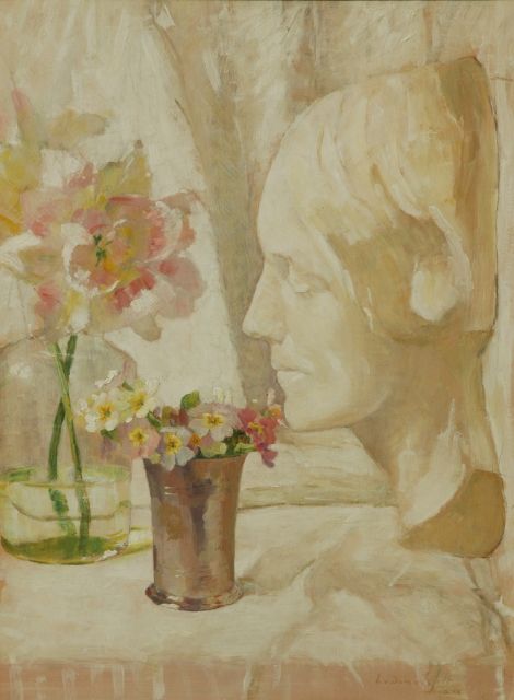 Dam van Isselt L. van | A still life with flowers and a plaster statue, Öl auf Holz 44,1 x 32,7 cm, signed l.r. und dated 1919 on the reverse