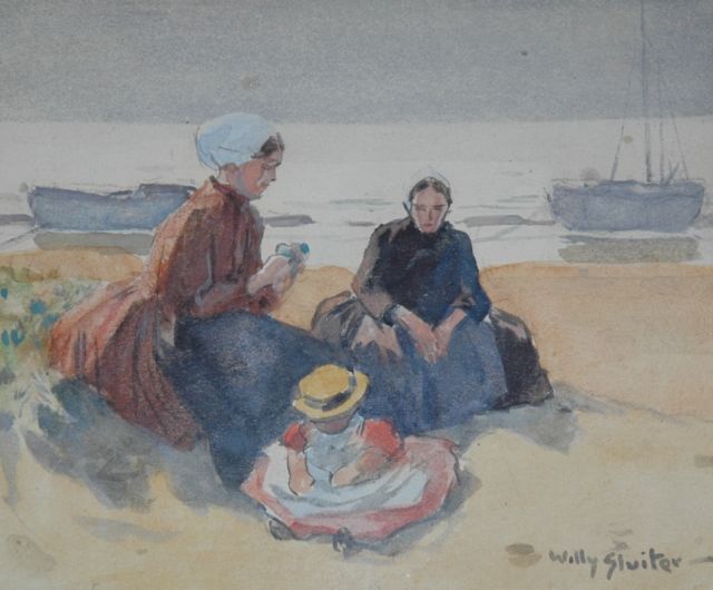 Sluiter J.W.  | Fisherwomen in the dunes, Aquarell auf Papier 11,0 x 13,5 cm, signed l.r.