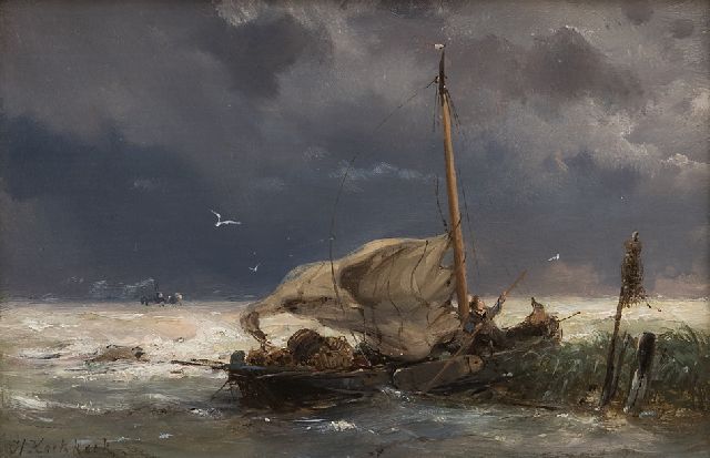 Hermanus Koekkoek | Fischerboot und Dampfer in einem Sturm, Öl auf Holz, 10,7 x 16,0 cm, Unterzeichnet l.u.