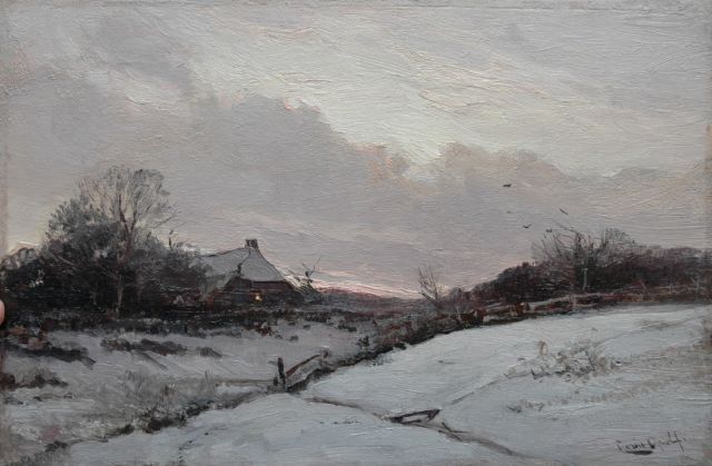 Louis Apol | Farm in the snow at sunset, Öl auf Tafel, 27,5 x 42,0 cm, signed l.r.