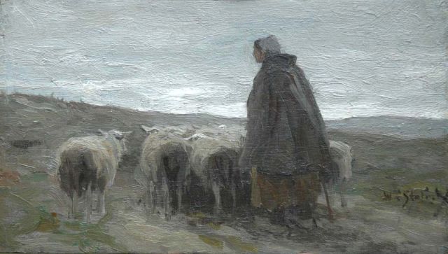 Willem Steelink jr. | Sheep with shepherdess, Öl auf Holz, 13,1 x 22,9 cm, signed l.r.