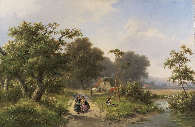 Hendrik Pieter Koekkoek | Elegante Damen, die auf einem Waldweg, an einem Bauernhofyard gehen, Öl auf Leinwand, 66,5 x 99,6 cm, Unterzeichnet r.u.