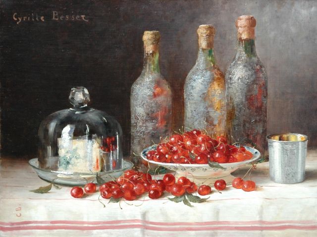 Besset C.  | A still life with bottles, cheese and cherries, Öl auf Leinwand 49,4 x 65,0 cm, signed u.l. and l.l. with initials