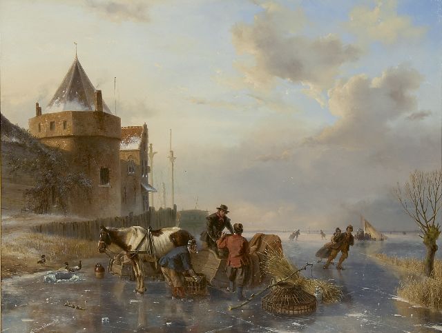 Nicolaas Roosenboom | Das Entladen des Pferdeschlittens, mit dem Amsterdamer Schreierstoren ( Turm), Öl auf Holz, 63,5 x 83,4 cm, Unterzeichnet l.u. und zu datieren um 1844-1845