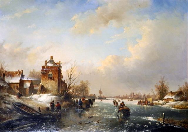 Jan Jacob Spohler | Skaters on a frozen waterway, Öl auf Leinwand, 58,3 x 81,8 cm, signed l.l.