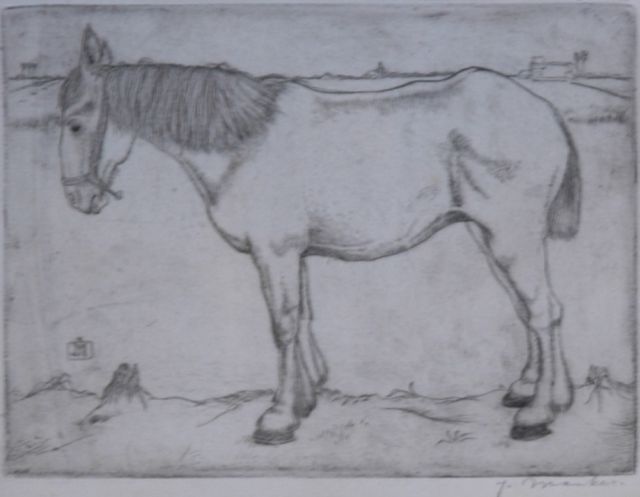 Mankes J.  | A horse, Radierung auf Papier 11,8 x 15,8 cm, signed l.r. in pencil and m.l. with monogram in the plate und painted in 1917