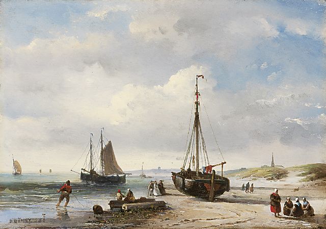 Desiré Donny | An elegant company and fishermen on the beach, Öl auf Holz, 19,2 x 27,6 cm, signed l.l. und dated '56