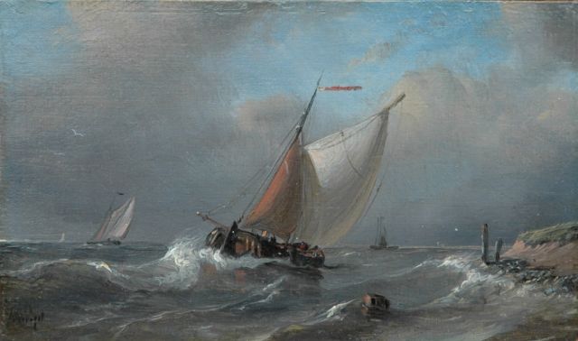 Petrus Paulus Schiedges | Sailing vessel on choppy waters, Öl auf Tafel, 9,4 x 16,0 cm, signed l.l.