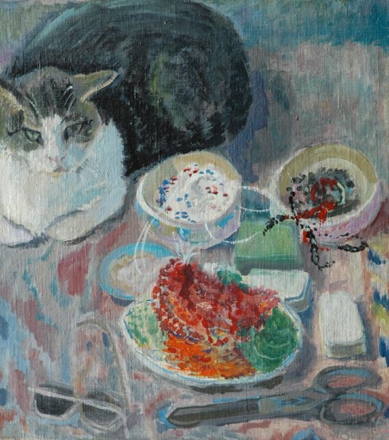 Hannie Bouman | Still life with cat, Öl auf Leinwand, 49,9 x 45,0 cm, signed l.r. und dated '62