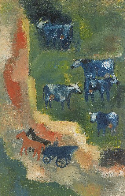 Hendrik Werkman | Blue cows, Einmaliger Druck, handgestempelt in Farben auf beige Velinpapier, 51,0 x 32,7 cm, painted in 1943