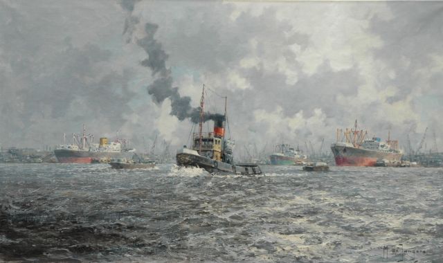 M.J. Drulman (M. de Jongere) | Tug fleet, The Waalhaven Rotterdam, Öl auf Leinwand, 60,3 x 100,8 cm, signed l.r. with pseudonym 'M. de Jongere'