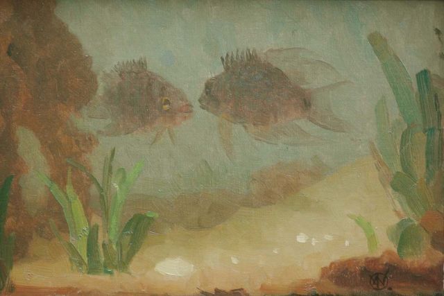 Gerrit Willem Dijsselhof | An aquarium with fish, Öl auf Leinwand, 18,0 x 25,5 cm, signed l.r. with monogram