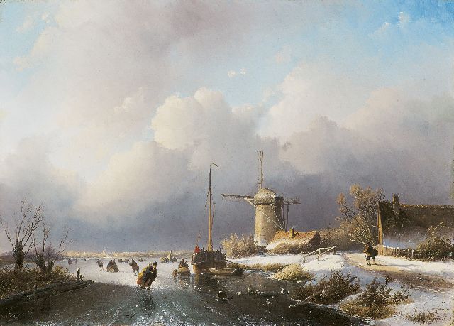 Jan Jacob Spohler | Eisvergnügenauf einem Kanal bei einer Mühle, Öl auf Tafel, 39,2 x 55,3 cm, Unterzeichnet l.u.
