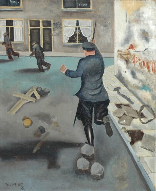 Theo Stiphout | A policeman chasing criminals, Öl auf Leinwand, 44,3 x 36,3 cm, signed l.l. und dated '35