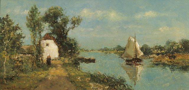 Jan Hendrik Weissenbruch | Sailing boats in the polder, Öl auf Holz, 14,7 x 30,2 cm, signed l.l. und te dateren ca. 1889
