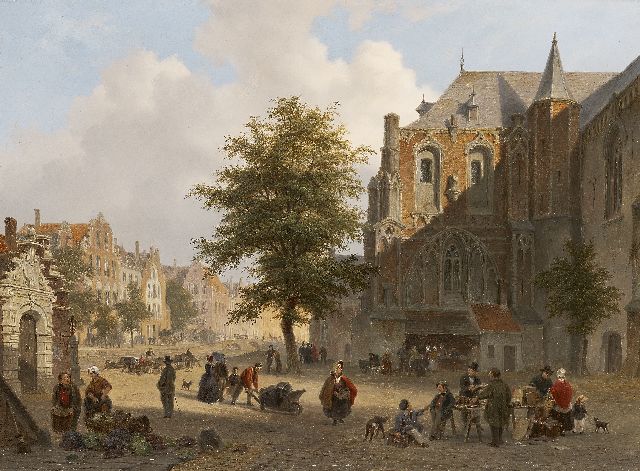Bart van Hove | Belebter Marktplatz in kleiner holländischen Stadt, Öl auf Holz, 42,2 x 56,7 cm, Unterzeichnet r.u. und datiert 1852