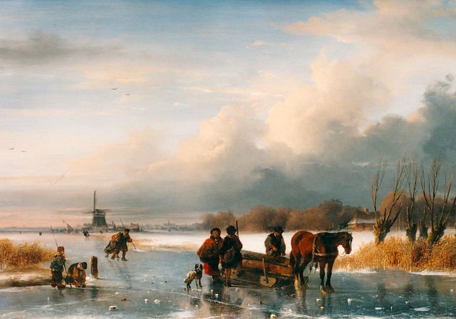 Roosenboom N.J.  | Figures and a 'koek en zopie' on the ice, Öl auf Holz 30,7 x 43,7 cm, signed l.l.