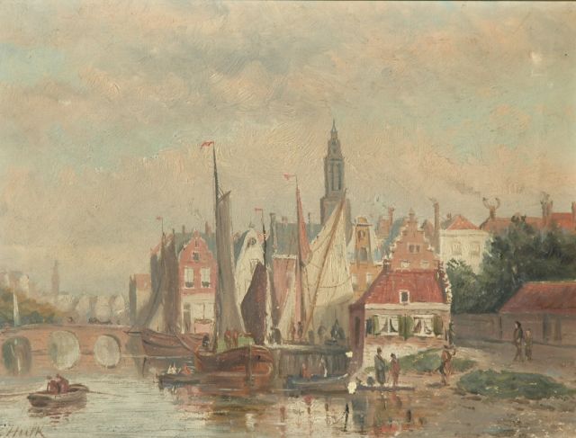 Johannes Frederik Hulk | Sailing vessels in a city harbour, Öl auf Leinwand, 23,0 x 31,0 cm, gesigneerd l.o.