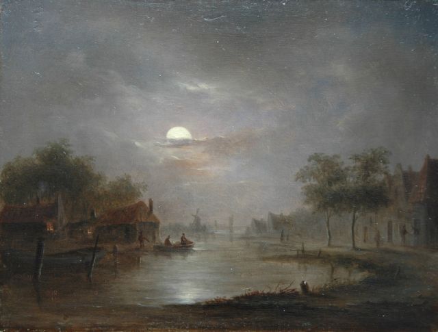 Bernardus Hagedoorn (Toegeschreven aan) | Flußlandschaft im Mondlicht, Öl auf Holz, 16,2 x 21,4 cm
